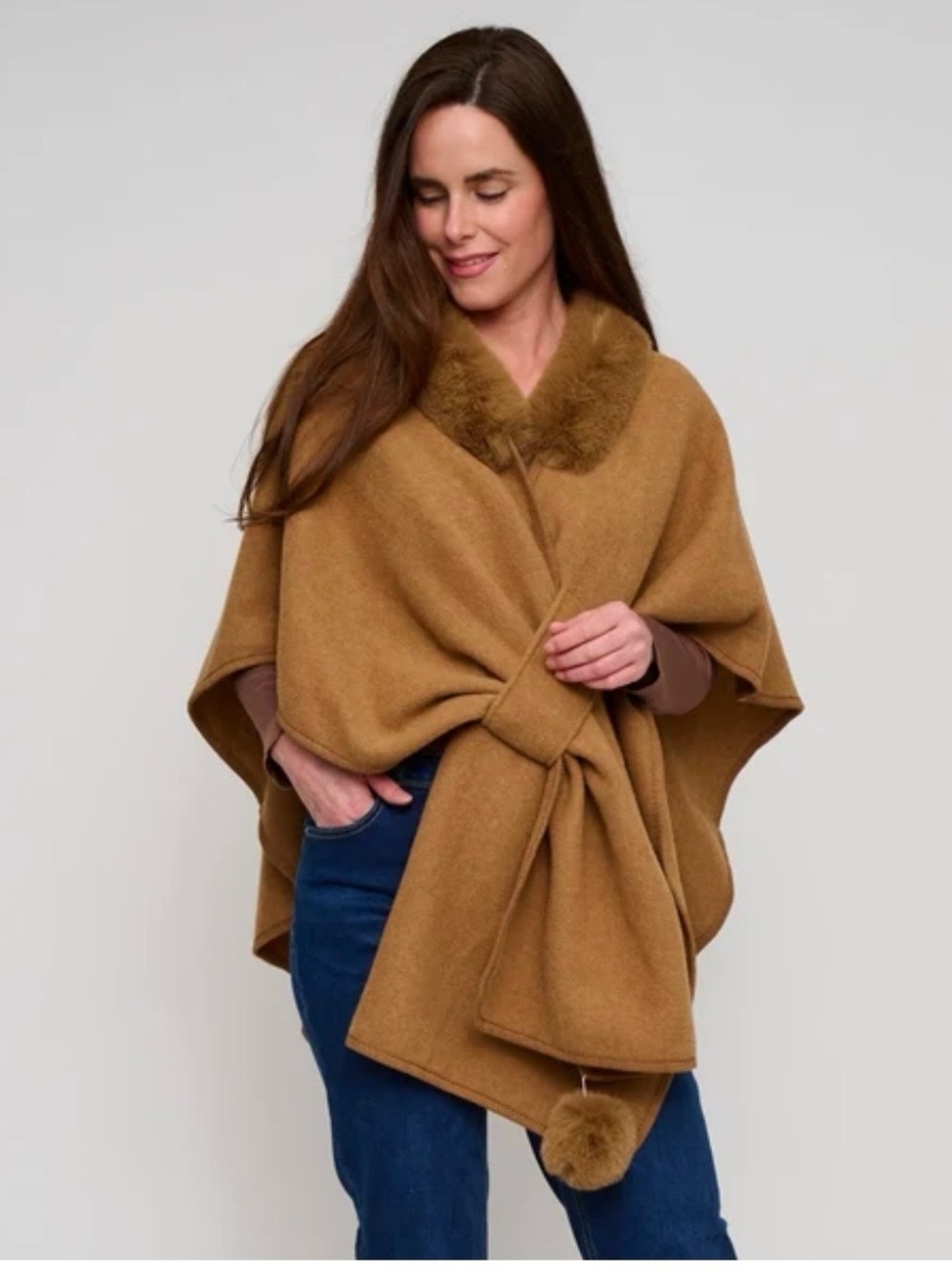 Brown Faux-Fur Trim Wrap Cape Coat Women’s
